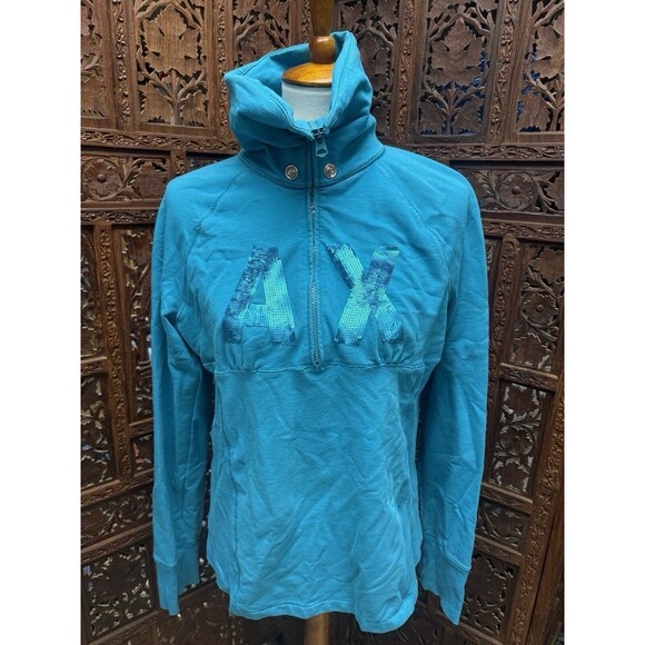 ARMANI ECHANGE XL Sweatshirt Shirt Top Bling 1/4 Zip teal Blue - Picture 1 of 9